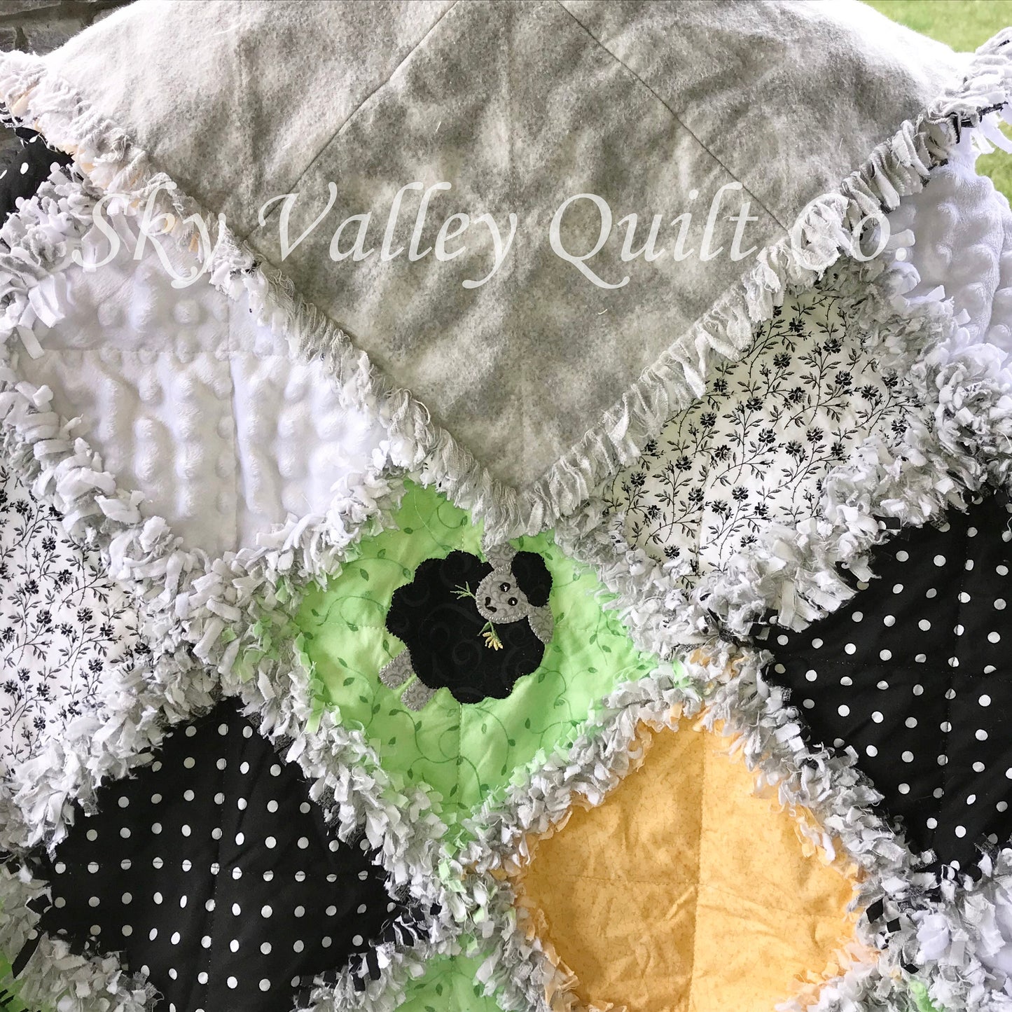 Finished and ready to ship Baby Rag quilt - Gender neutral little lambs sheep lime green, yellow black and gray