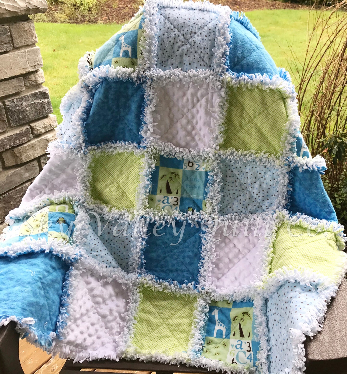 Ready to ship finished baby boy rag quilt ~ Little Buddy ~ Blue green and turquoise white minky