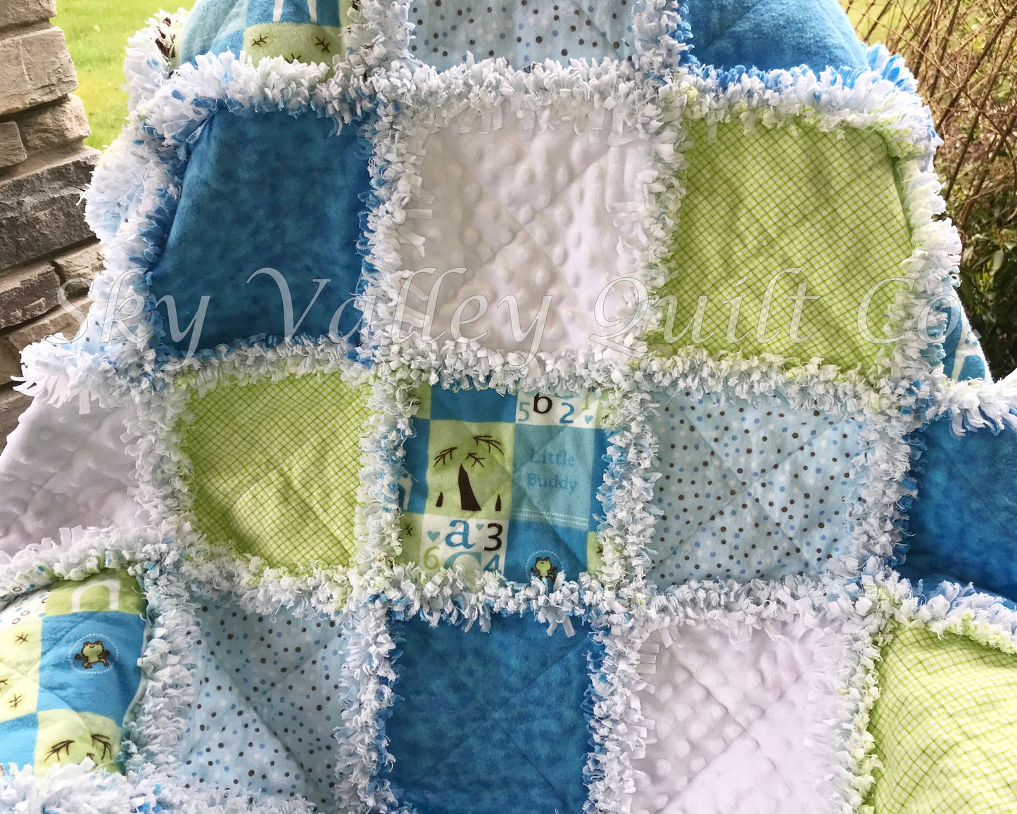 Ready to ship finished baby boy rag quilt ~ Little Buddy ~ Blue green and turquoise white minky