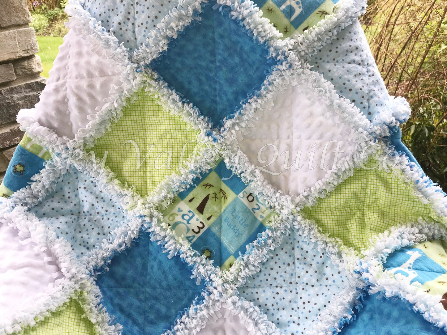 Ready to ship finished baby boy rag quilt ~ Little Buddy ~ Blue green and turquoise white minky