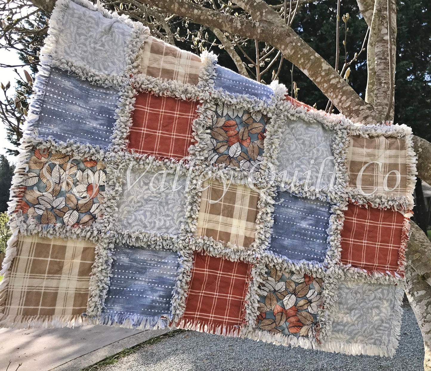 Pre Cut Rag Quilt~ Fall leaves, rust, blue, gray, and gray