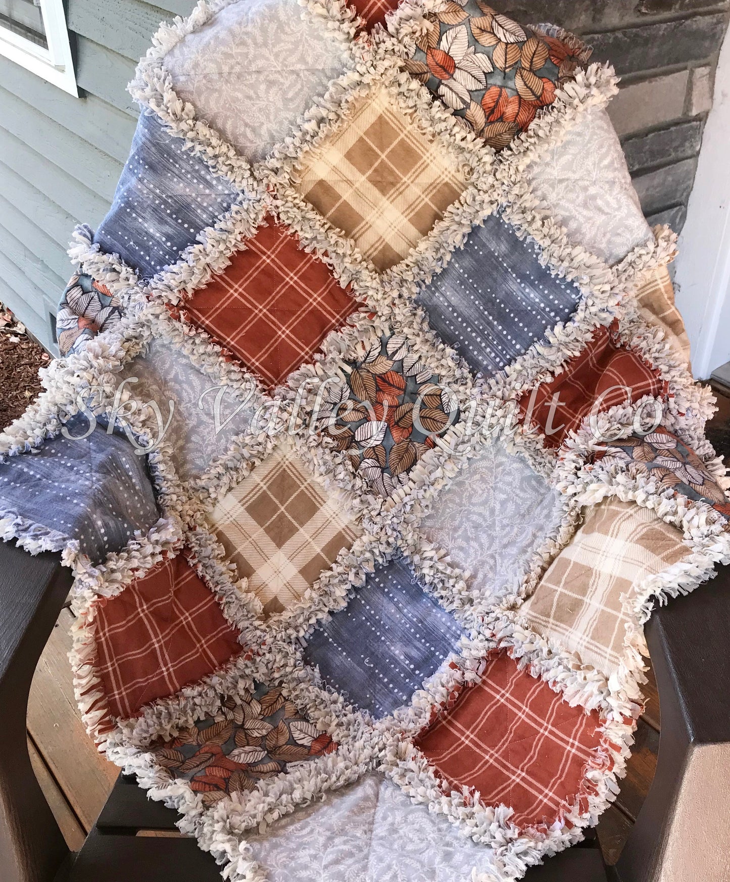 Pre Cut Rag Quilt~ Fall leaves, rust, blue, gray, and gray