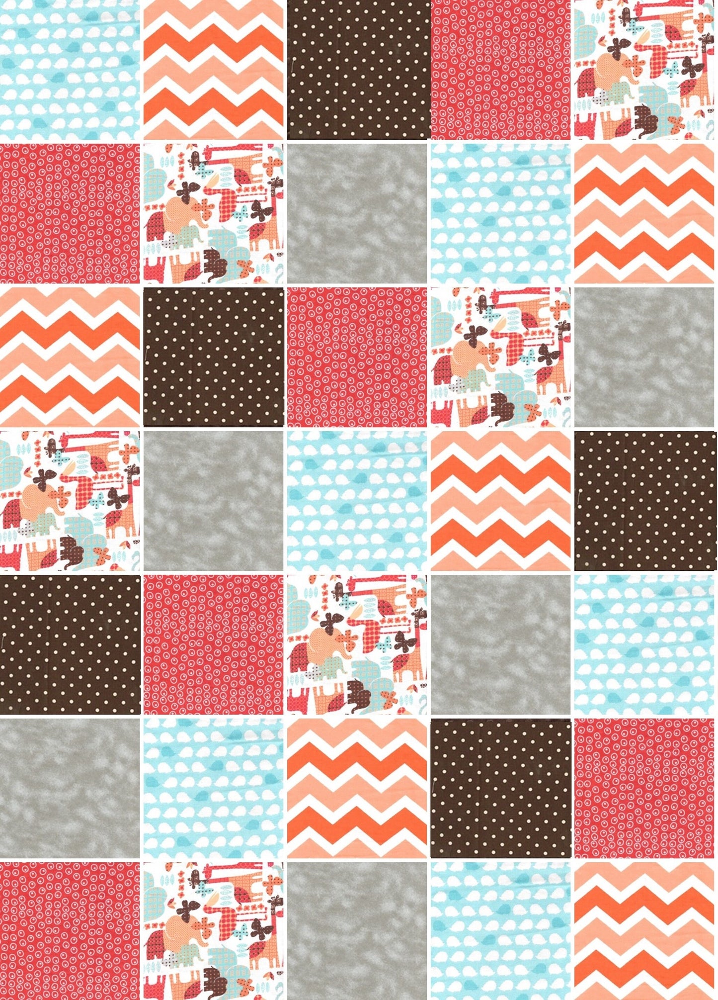 Pre Cut gender neutral Rag Quilt KIT - zoo animals in red, aqua, orange, gray, and brown minky dot.