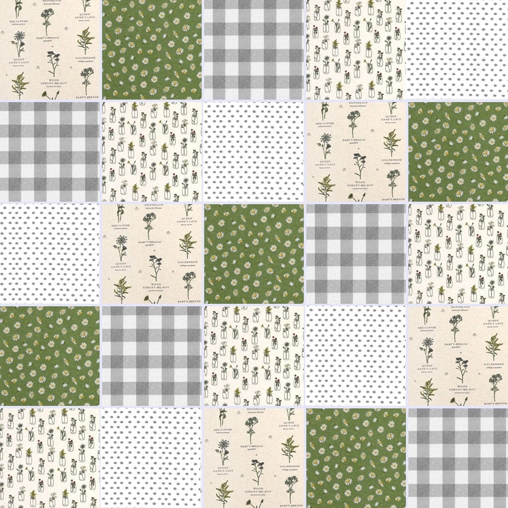 Pre Cut Rag Quilt KIT - Isabel's Garden~ daisy and floral, green, cream, gray gingham and white, farmhouse
