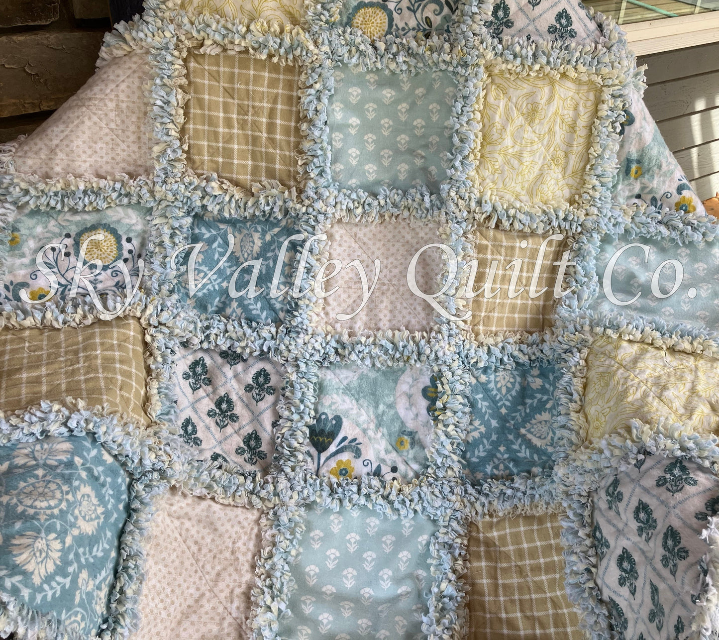 Precut rag quilt KIT ~ seaside cottage florals blues, greens, tans and gold