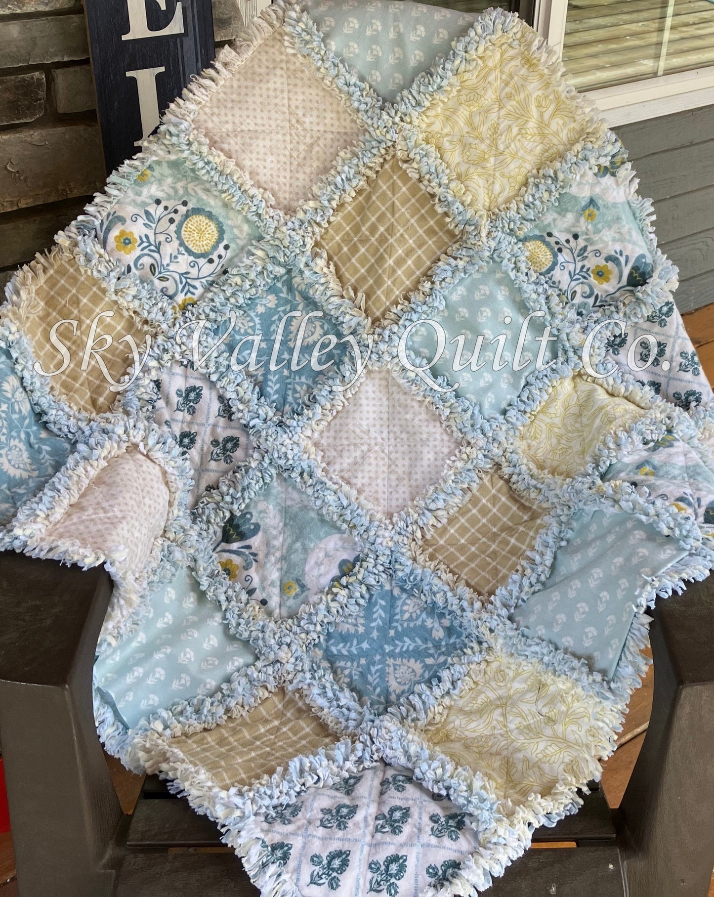 Precut rag quilt KIT ~ seaside cottage florals blues, greens, tans and gold