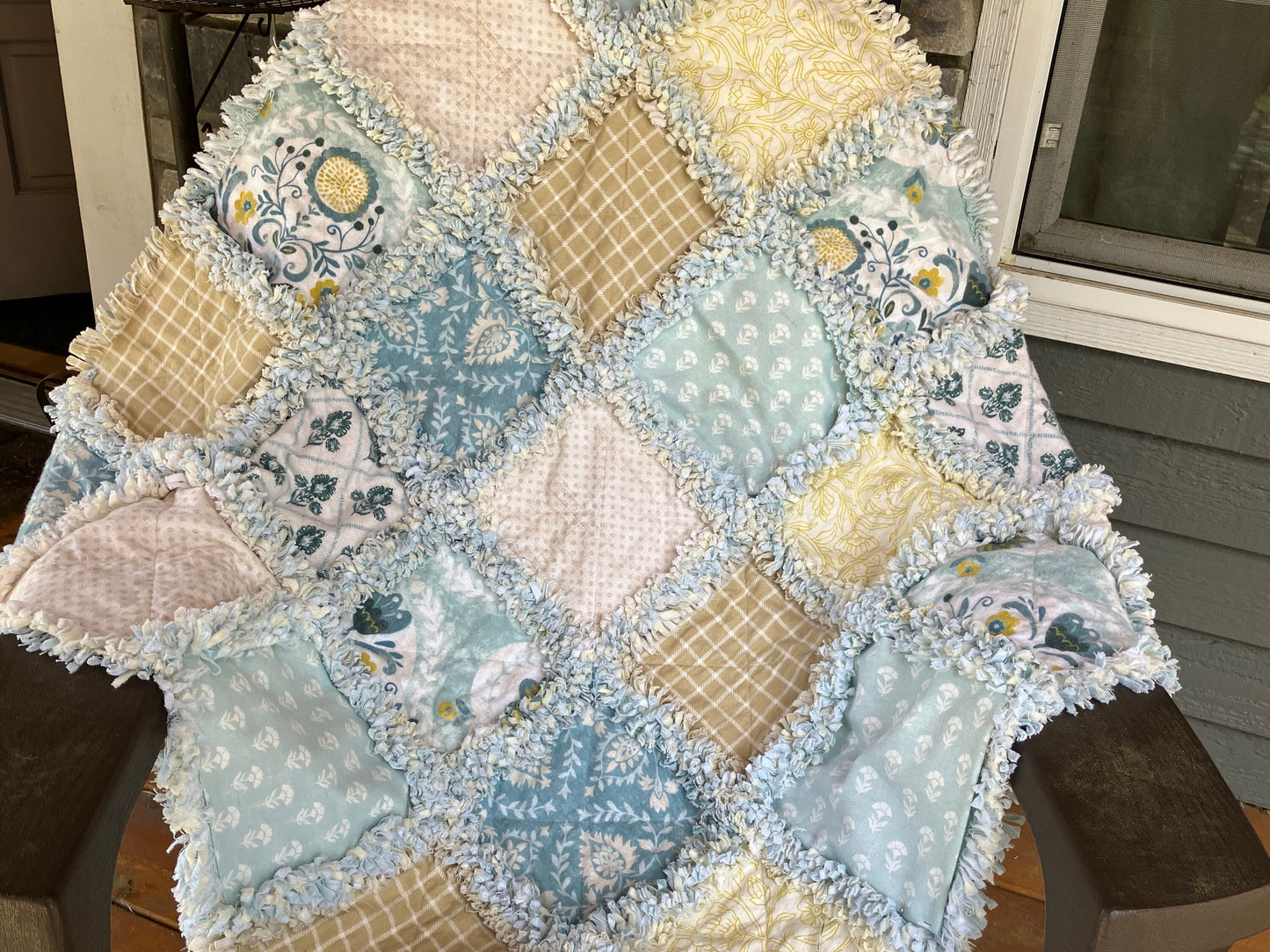 Precut rag quilt KIT ~ seaside cottage florals blues, greens, tans and gold