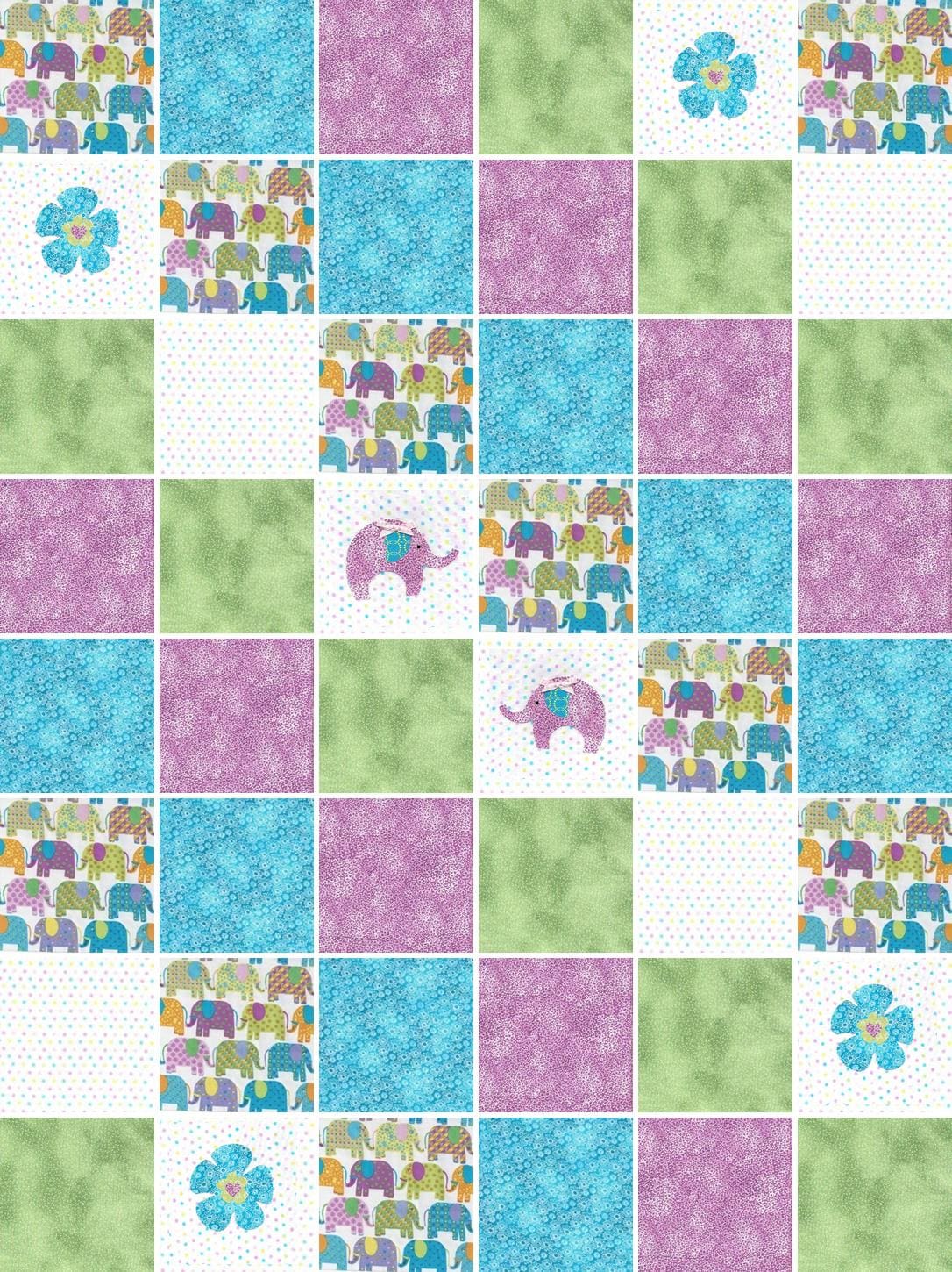 Pre Cut baby girl Rag Quilt KIT - bright lilac and teal/turquoise green Elephant parade, shower gift, nursery design