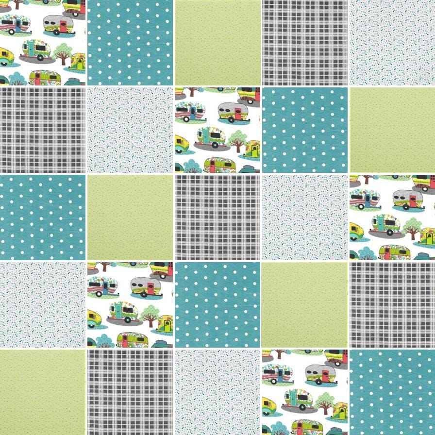 Pre cut Rag Quilt KIT ~ RV camping Trailers, teals, grays plaid and lime green dots