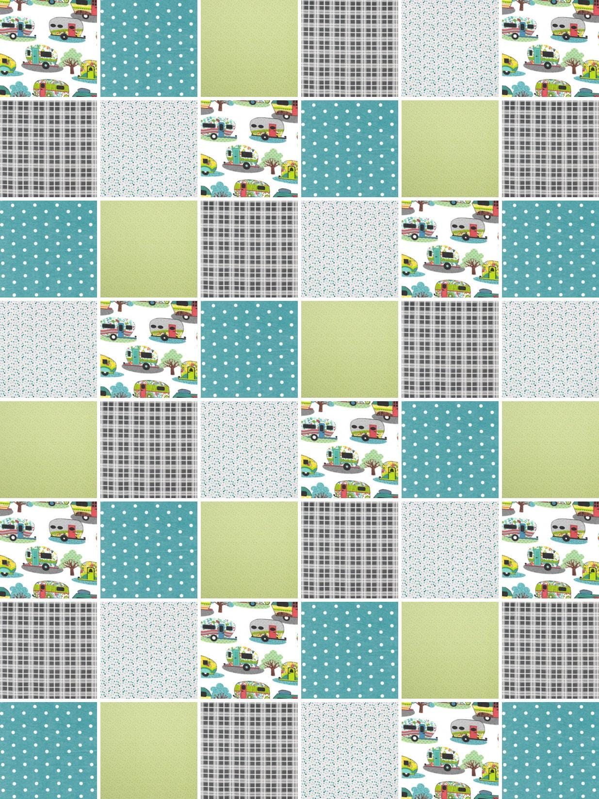 Pre cut Rag Quilt KIT ~ RV camping Trailers, teals, grays plaid and lime green dots