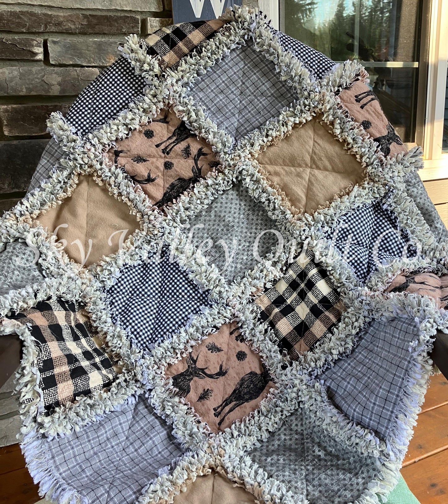 Finished rag quilt - plaids, deer, stag, brown, tan, gray and black flannel