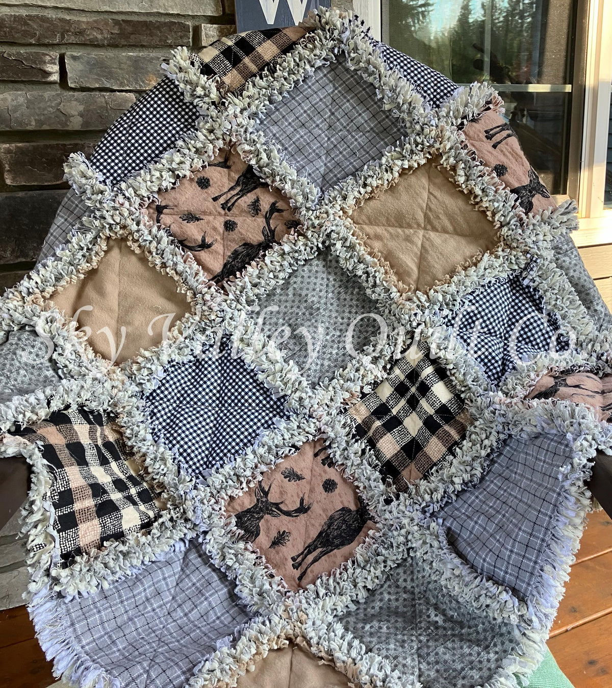 Finished rag quilt - plaids, deer, stag, brown, tan, gray and black flannel