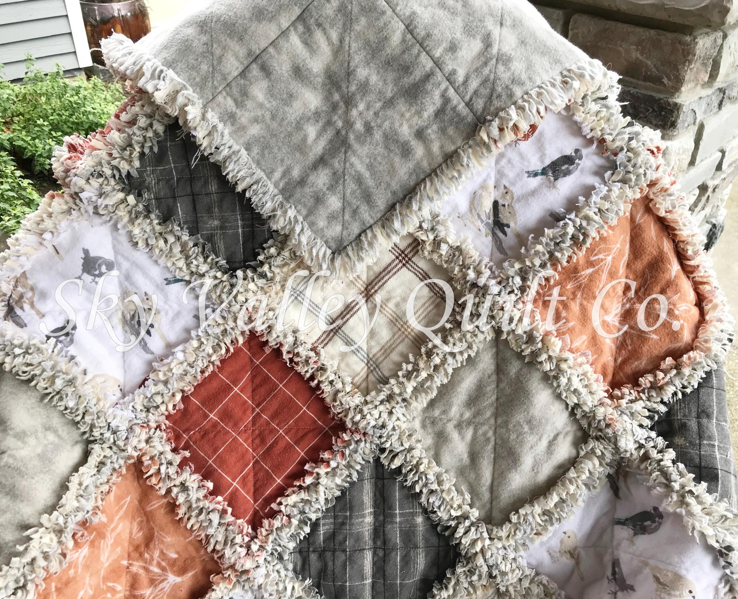 Finished rag quilt - Sweater Weather, rust, white, gray and cream flannels~ birds chickadee