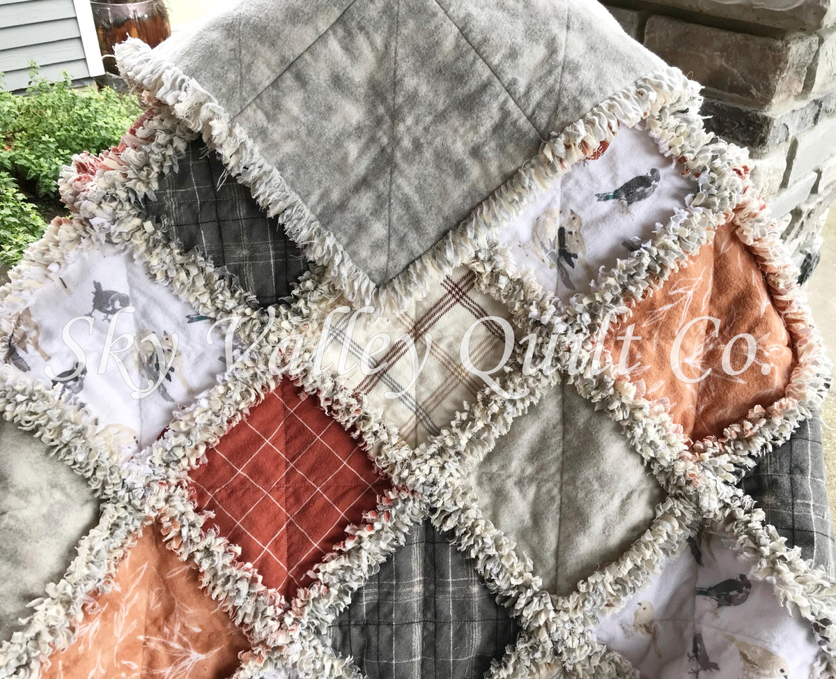 Finished rag quilt - Sweater Weather, rust, white, gray and cream flannels~ birds chickadee