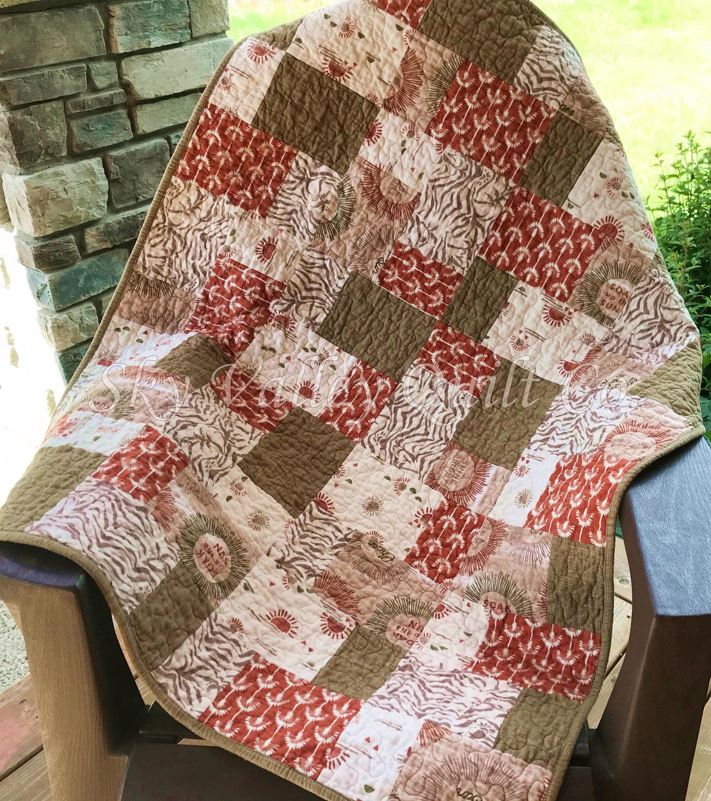 Finished pieced quilt - Summer Oasis, boho sunbursts, rust, green, cream, pieced and quilted