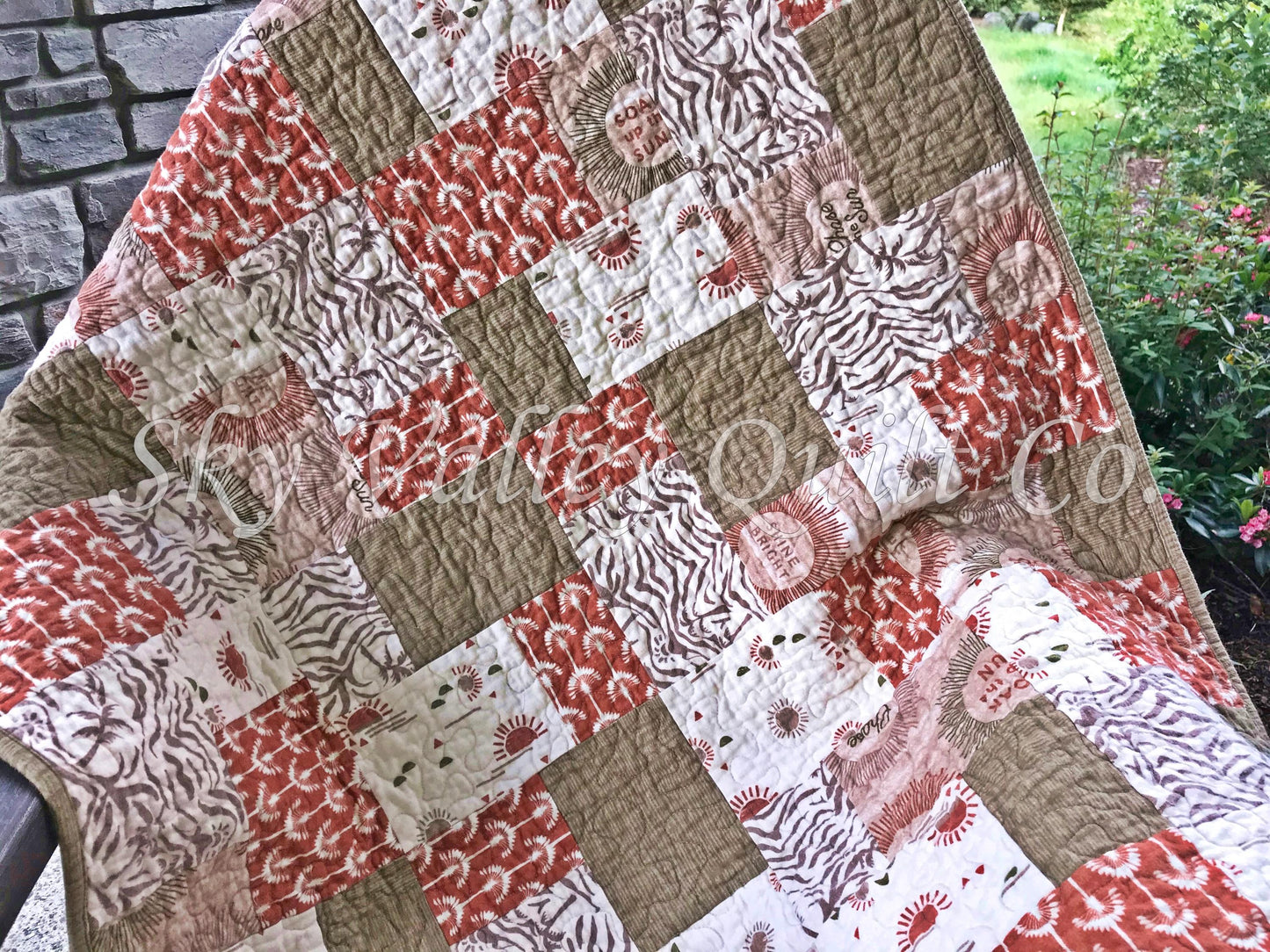 Finished pieced quilt - Summer Oasis, boho sunbursts, rust, green, cream, pieced and quilted