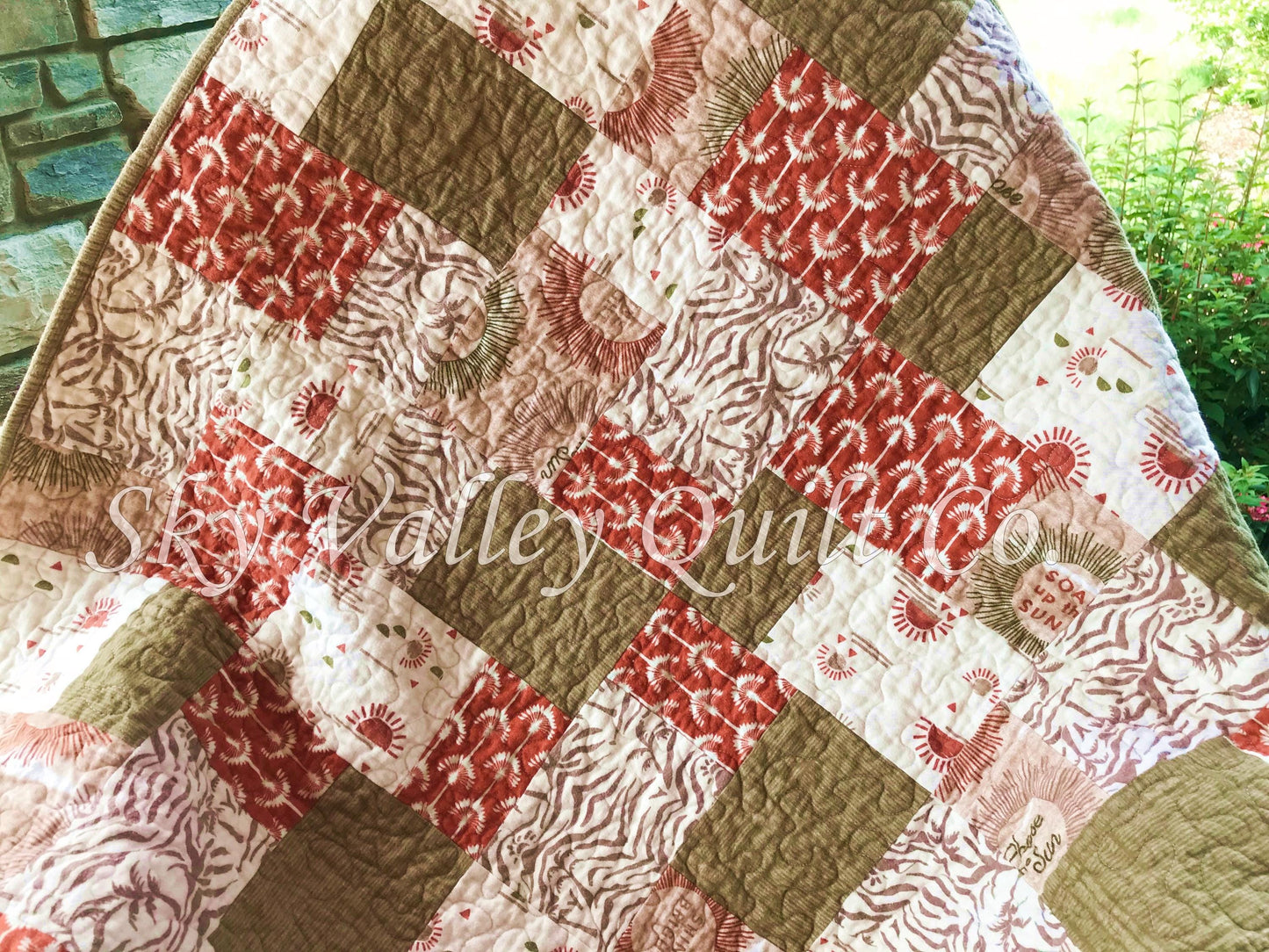 Finished pieced quilt - Summer Oasis, boho sunbursts, rust, green, cream, pieced and quilted
