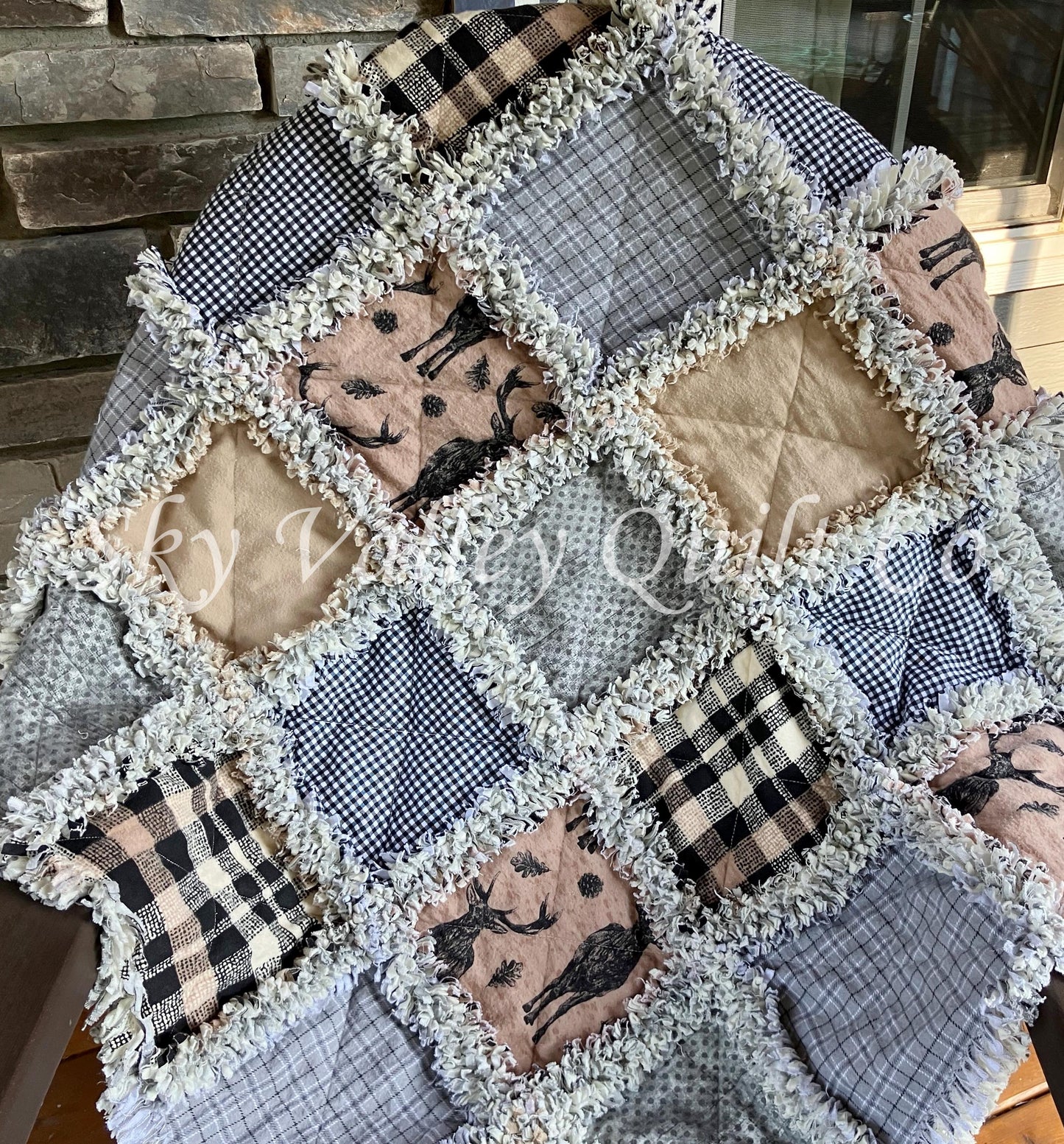 Finished rag quilt - plaids, deer, stag, brown, tan, gray and black flannel