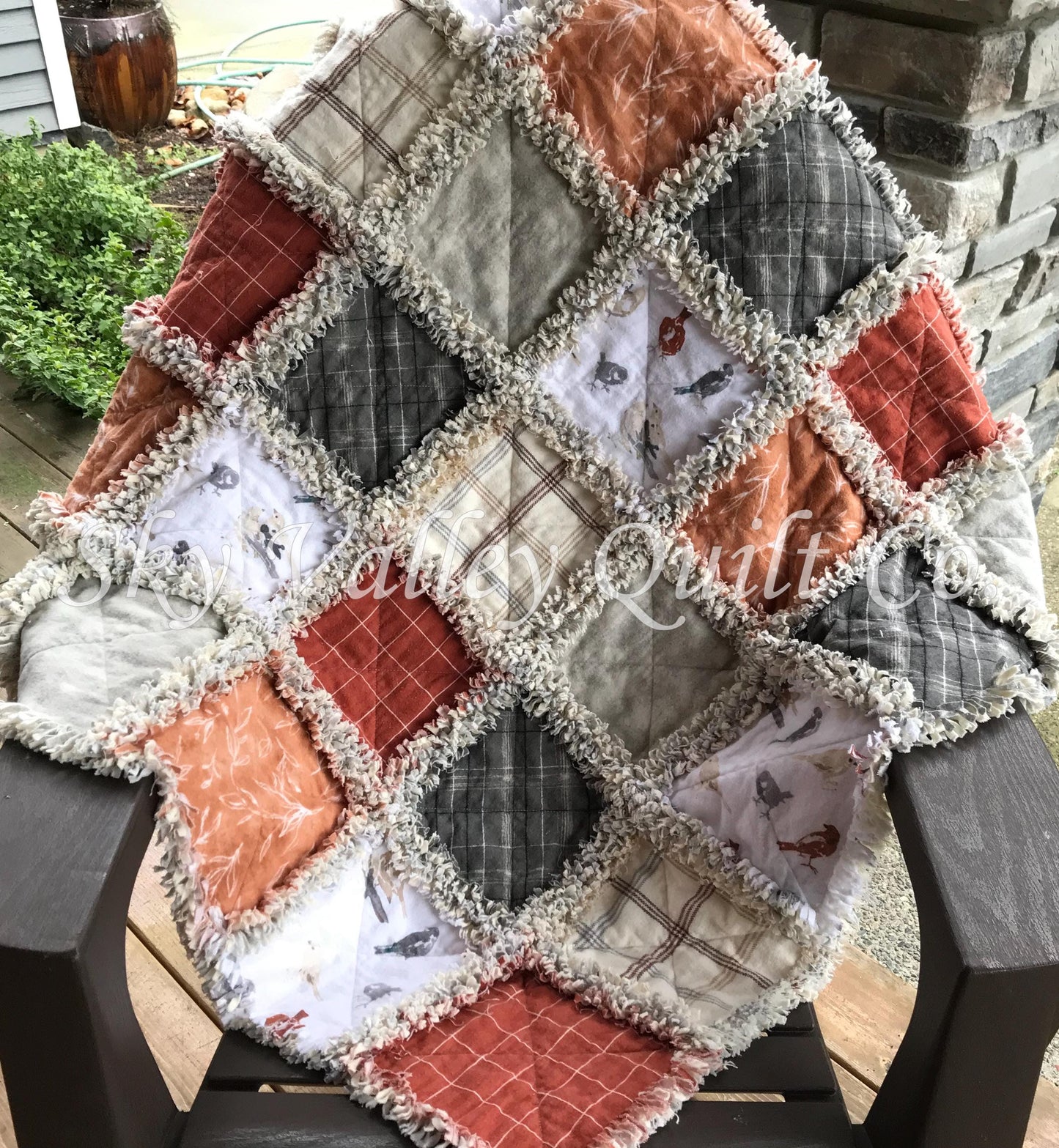 Finished rag quilt - Sweater Weather, rust, white, gray and cream flannels~ birds chickadee