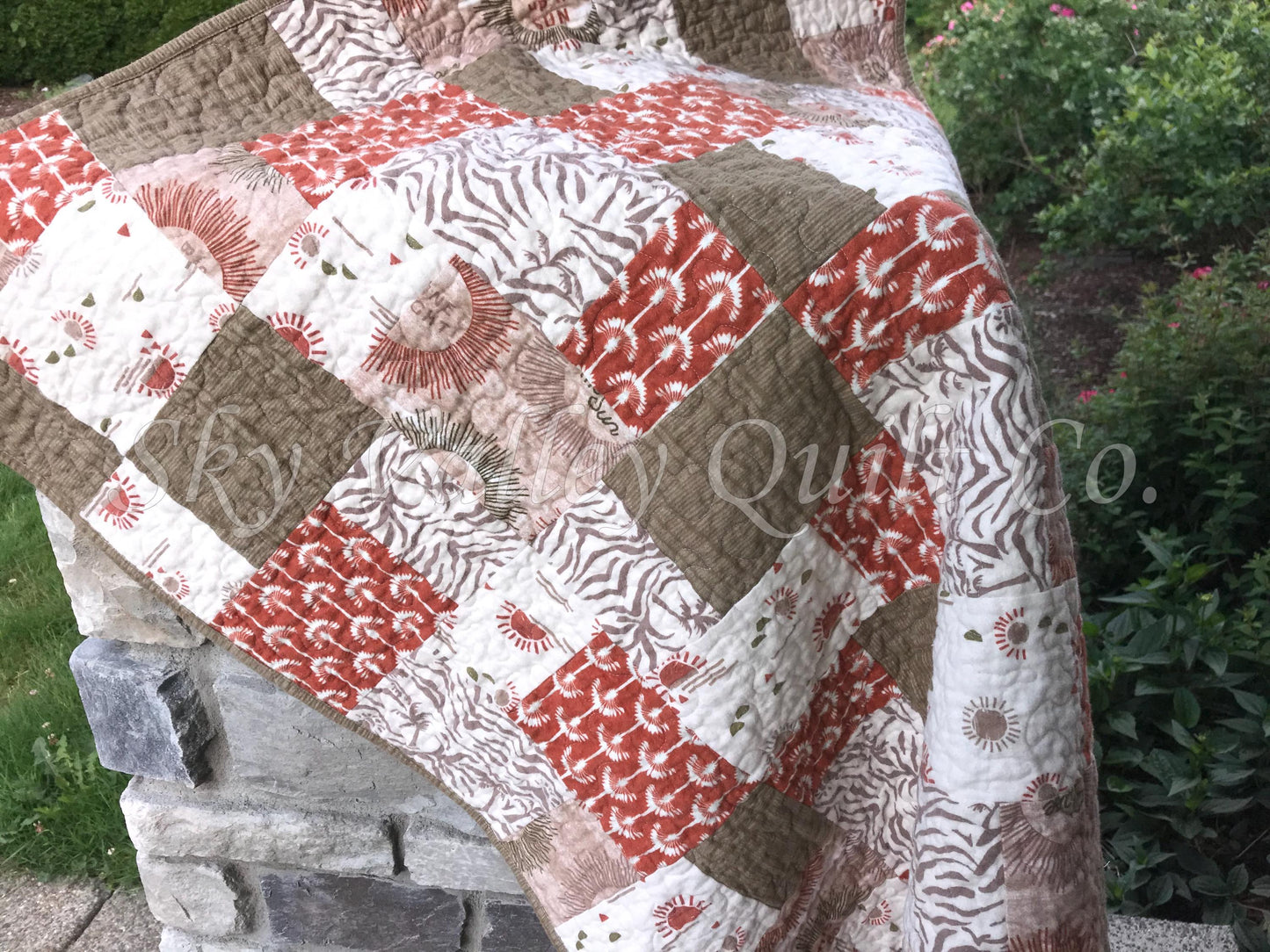 Finished pieced quilt - Summer Oasis, boho sunbursts, rust, green, cream, pieced and quilted