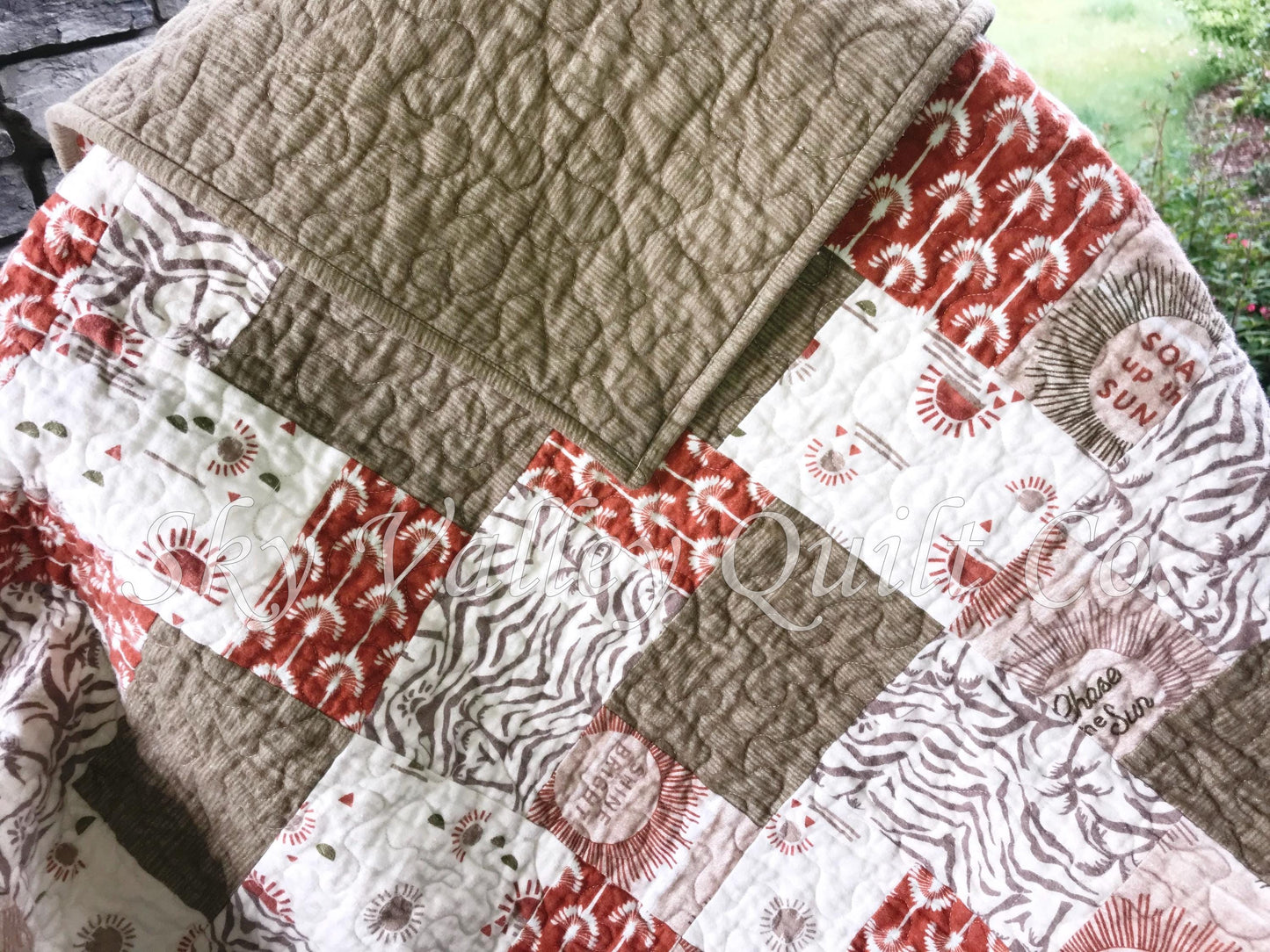 Finished pieced quilt - Summer Oasis, boho sunbursts, rust, green, cream, pieced and quilted