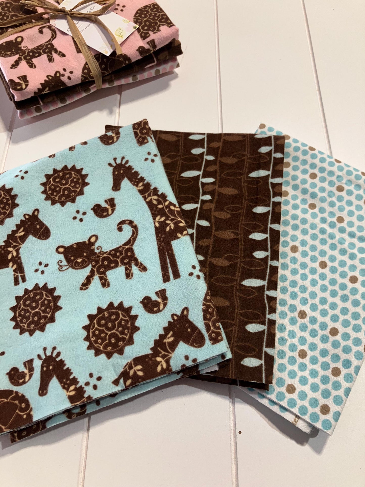 half yard flannel fabric Bundle, choose aqua blue or pink zoo animals
