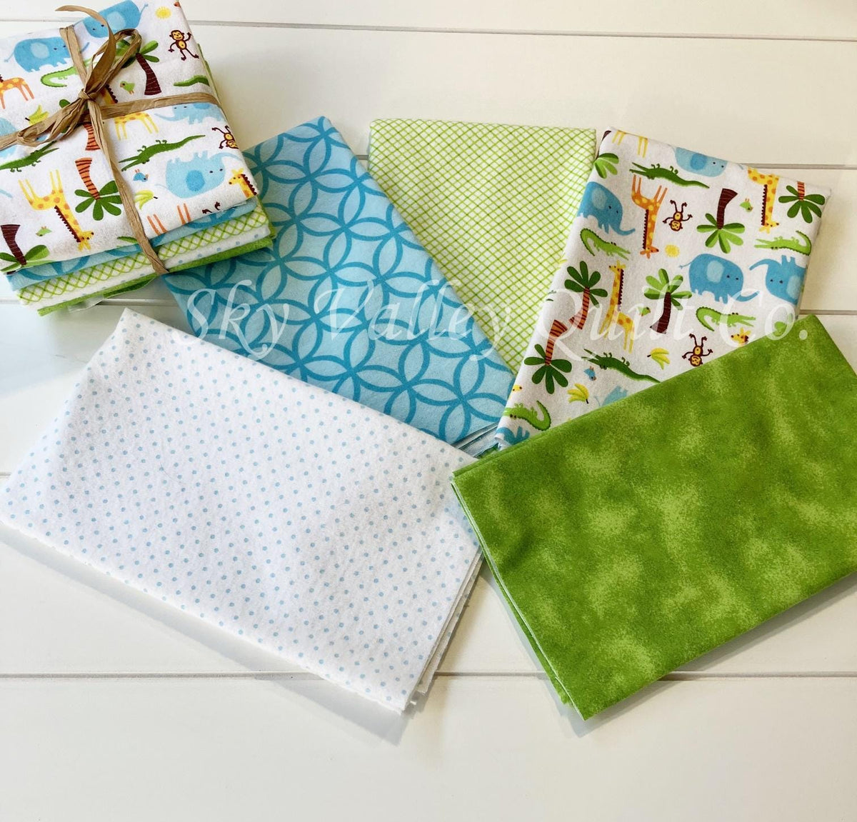 flannel Fat quarter Bundle, green and aqua blue Zoo jungle animals