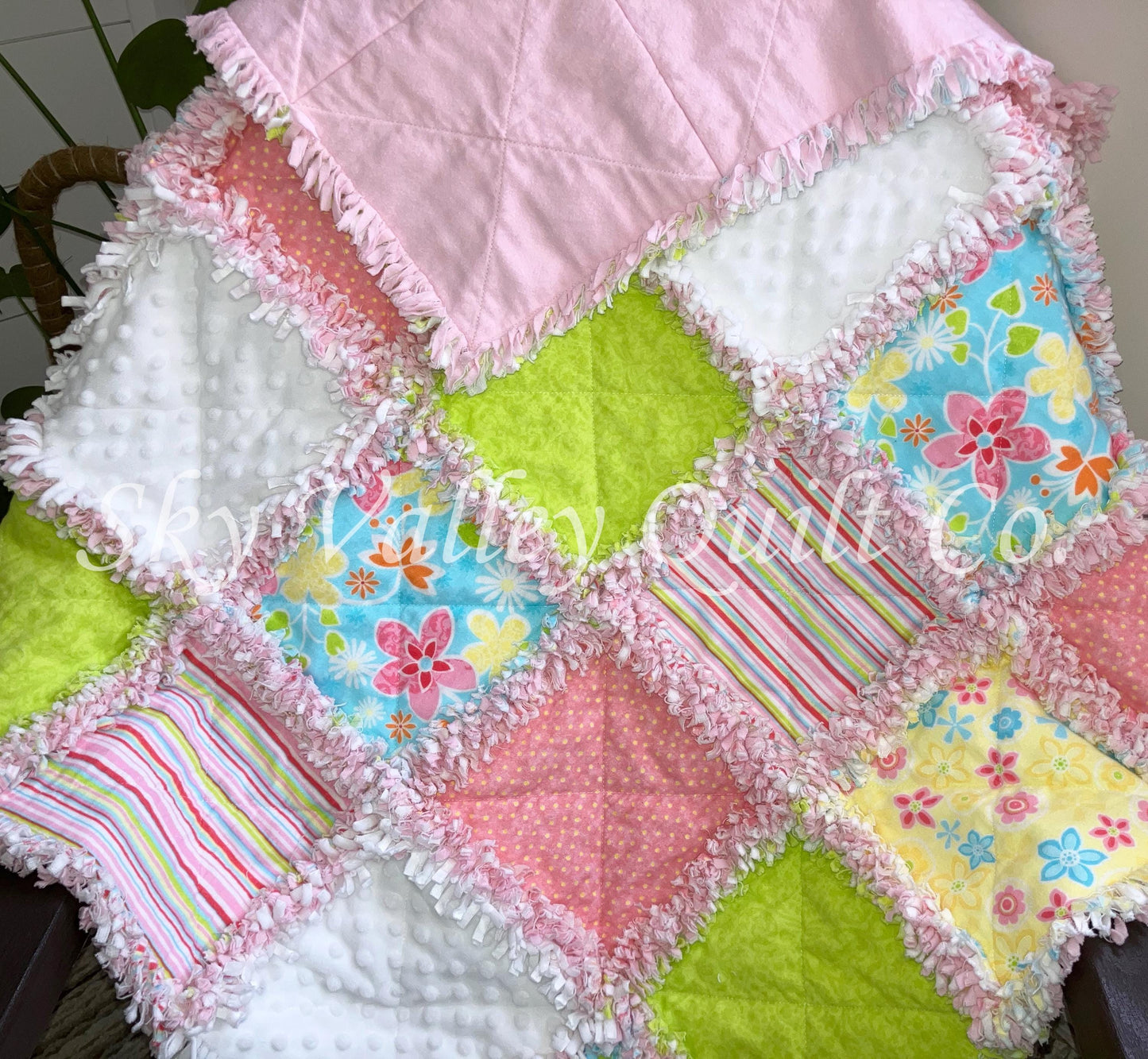 Precut rag quilt KIT ~ Flower Punch, bright pink, green and yellow flannels