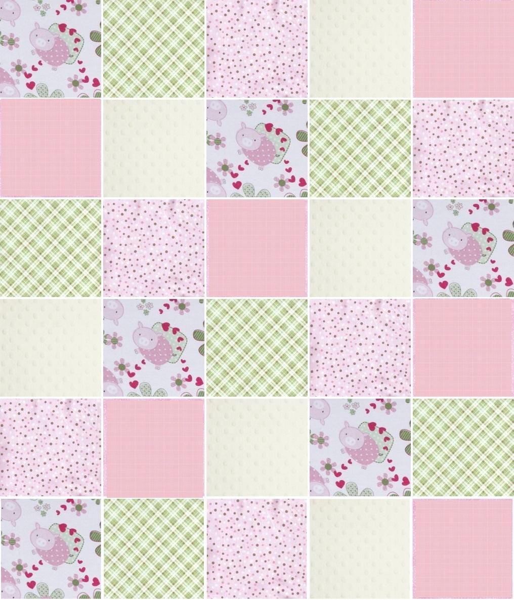 Pre CUT Baby girl Rag Quilt KIT ~ Little pigs, farm ~ Pink, green and white minky