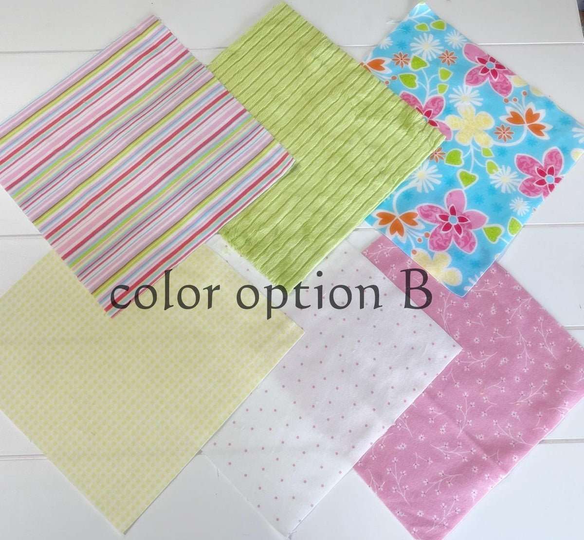 Precut rag quilt KIT ~ Flower Punch, bright pink, green and yellow flannels- A redo!