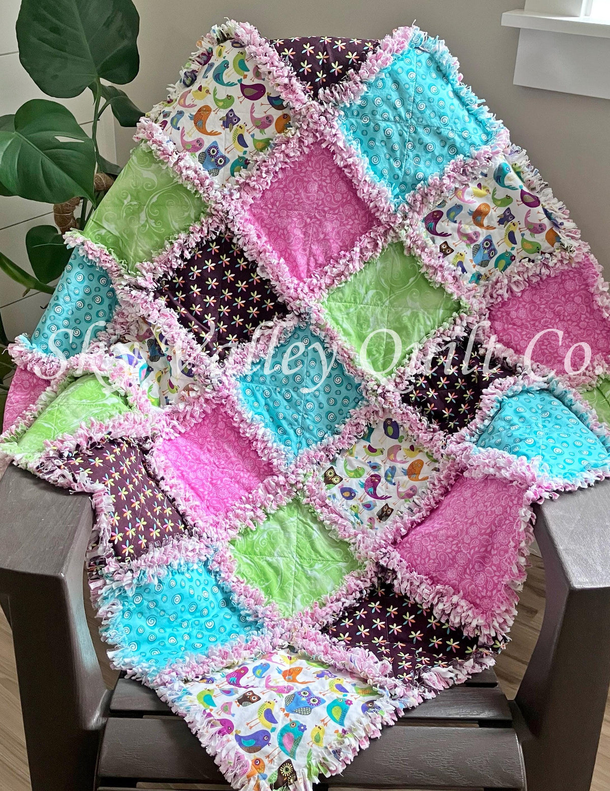 Pre Cut Rag Quilt KIT -bright cheerful birds and owls, pink and green