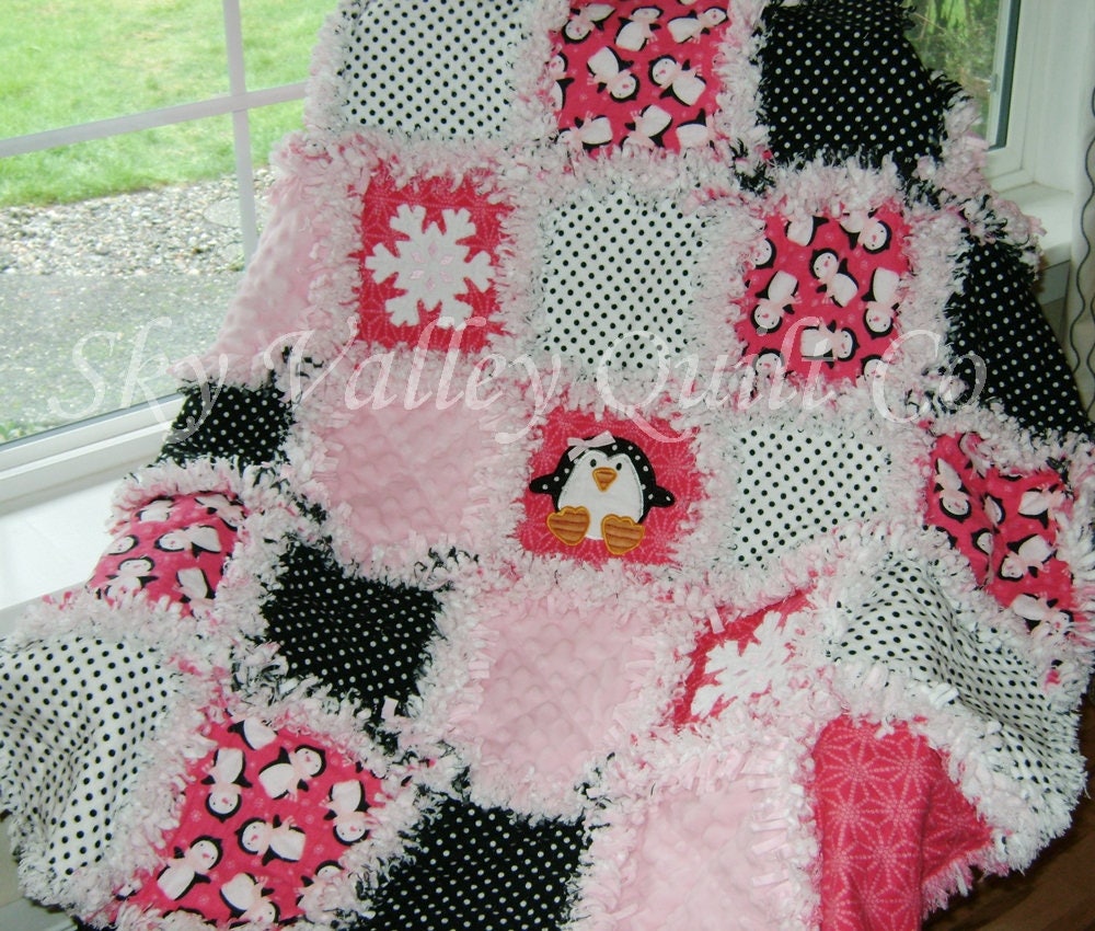 Pre CUT Rag Quilt kit ~ Winter Penguin and snowflakes