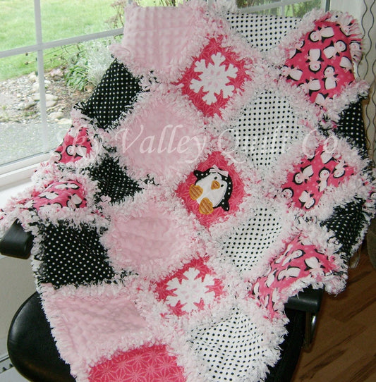 Pre CUT Rag Quilt kit ~ Winter Penguin and snowflakes