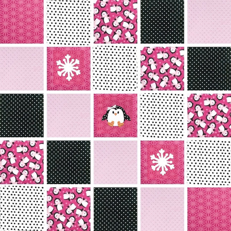 Pre CUT Rag Quilt kit ~ Winter Penguin and snowflakes