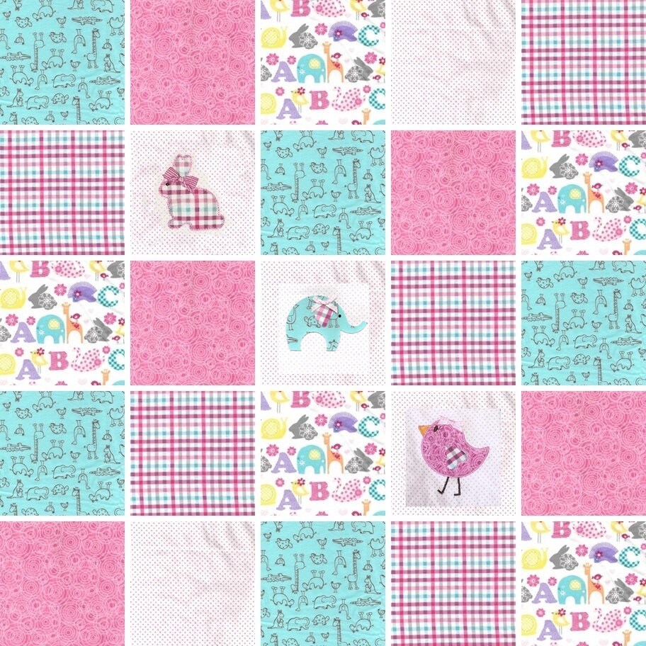 Pre cut Rag Quilt KIT- Zoo animals in pink turquoise, bird, elephant, bunny shapes included