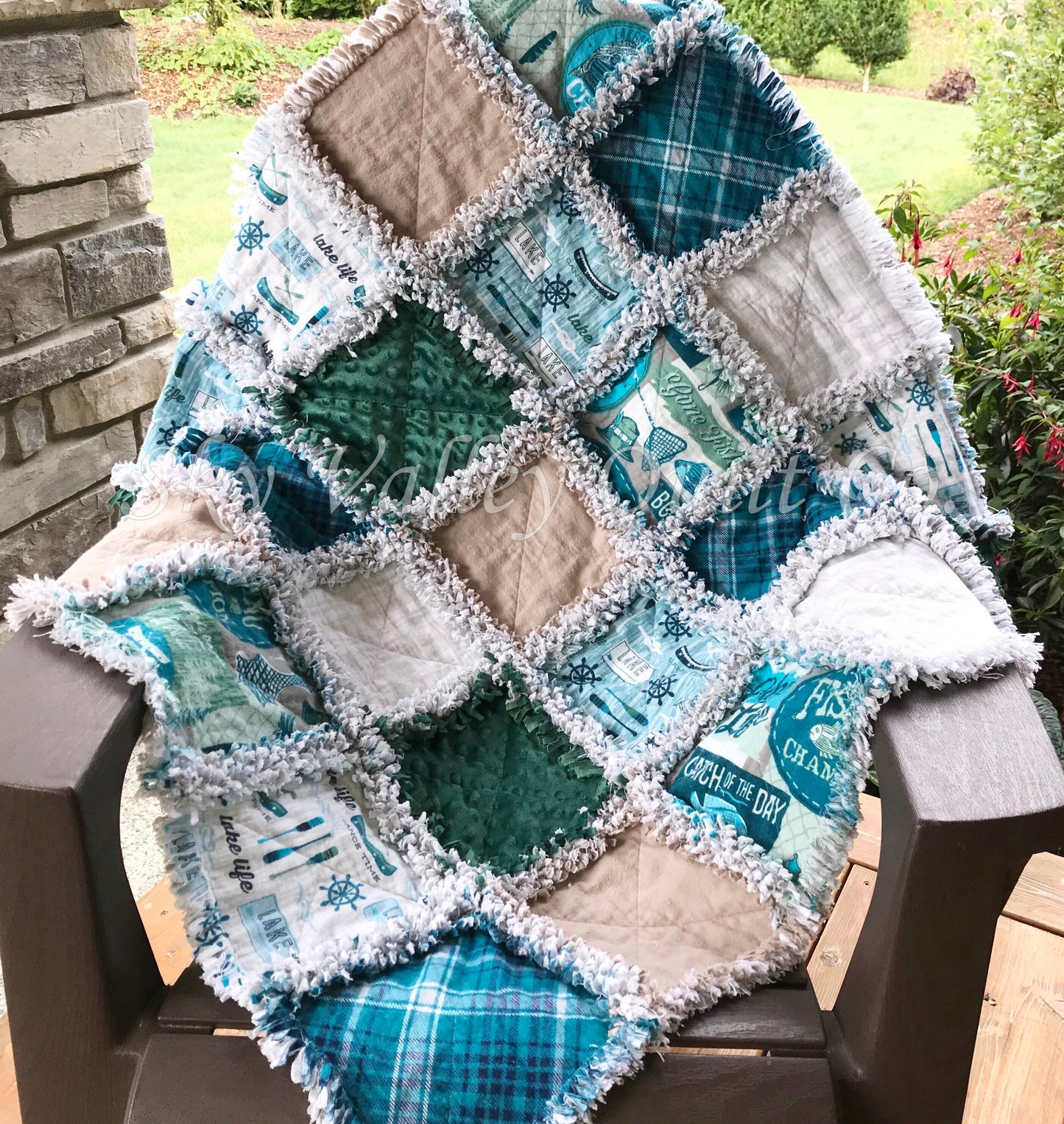 Finished rag quilt - Lake Fishing in Teal, gray and green