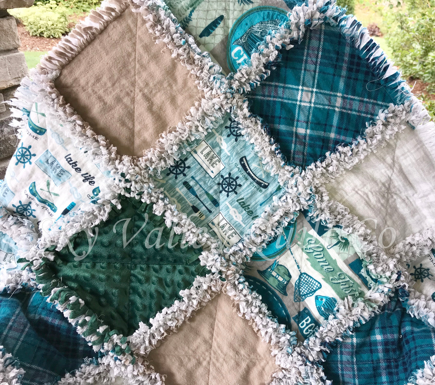 Finished rag quilt - Lake Fishing in Teal, gray and green