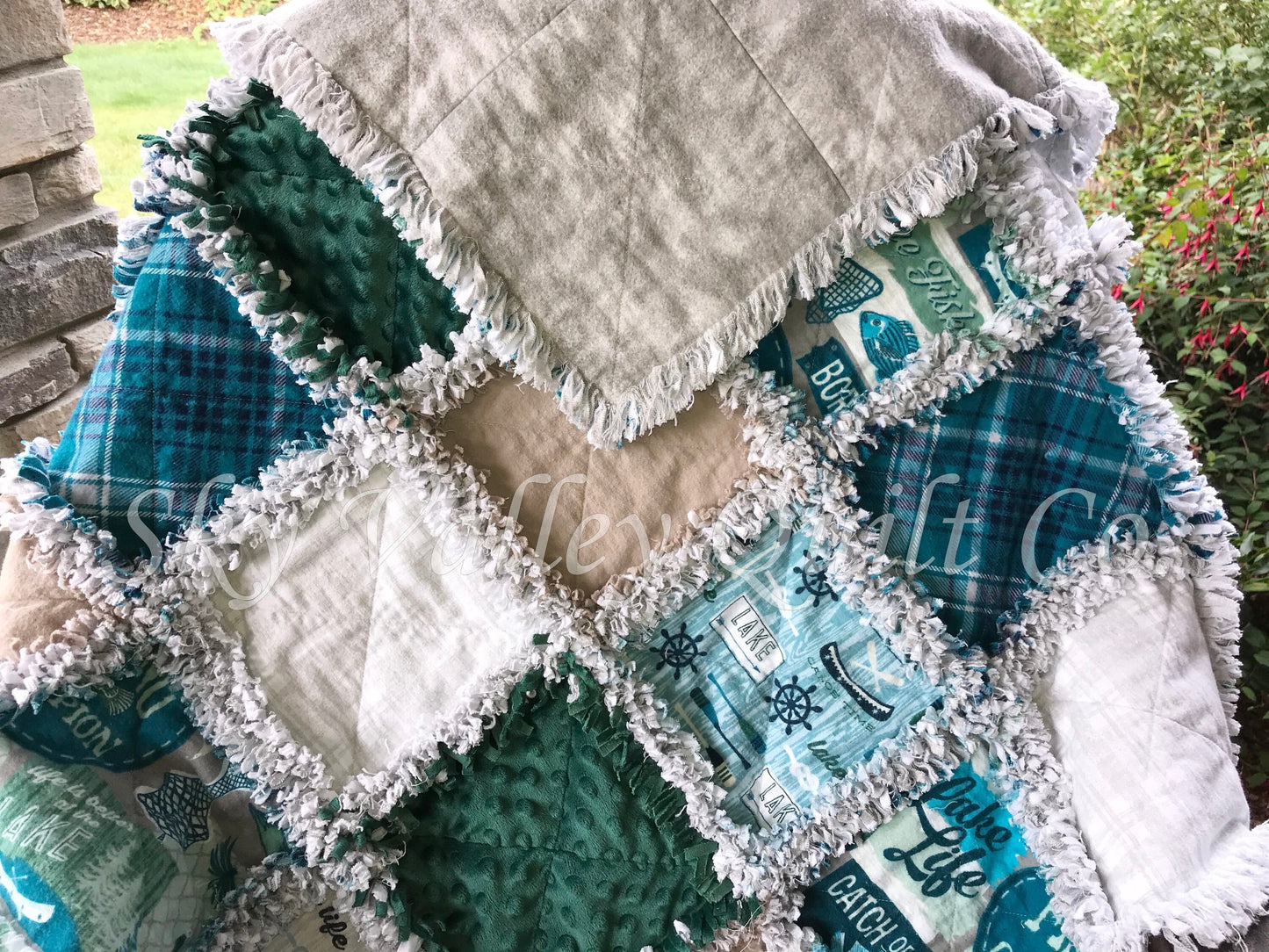 Finished rag quilt - Lake Fishing in Teal, gray and green