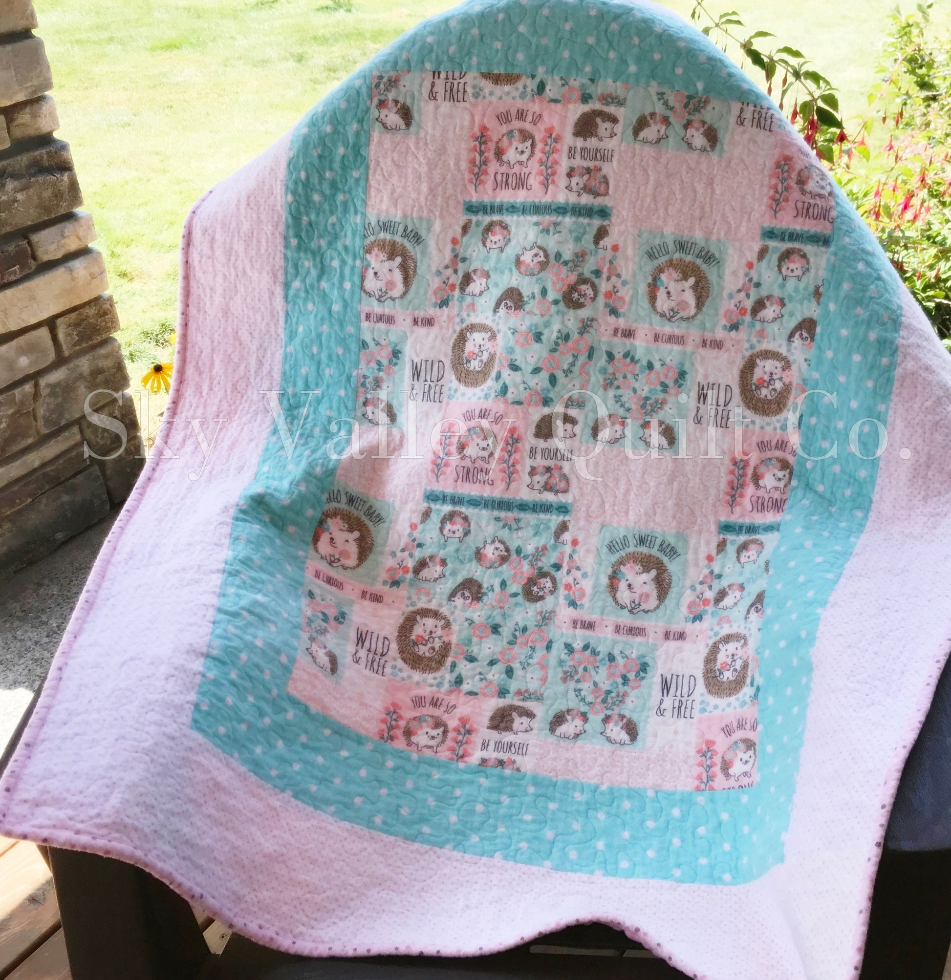 Finished and ready to ship Baby Quilt -hedgehog in pink and aqua flannel