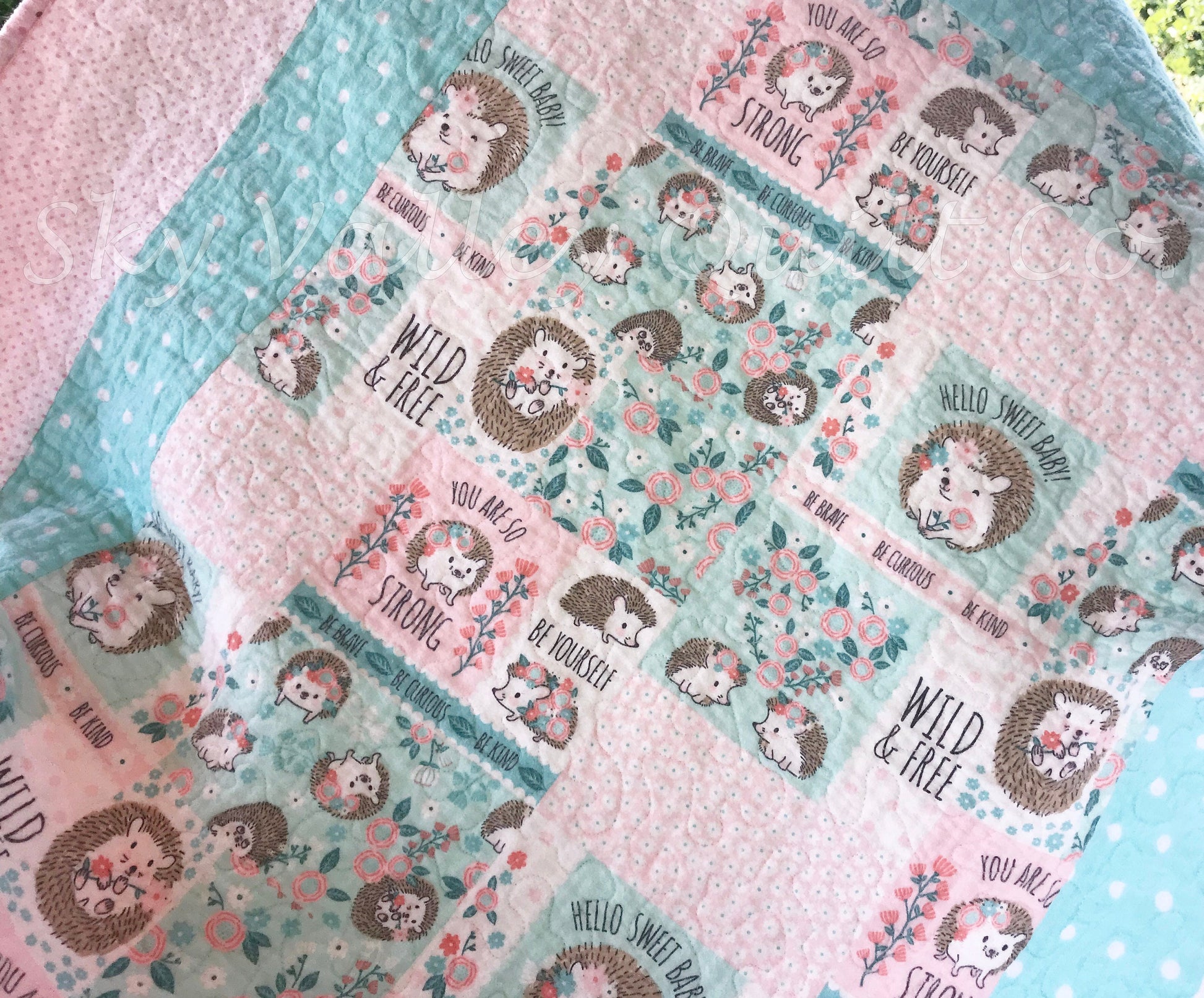 Finished and ready to ship Baby Quilt -hedgehog in pink and aqua flannel