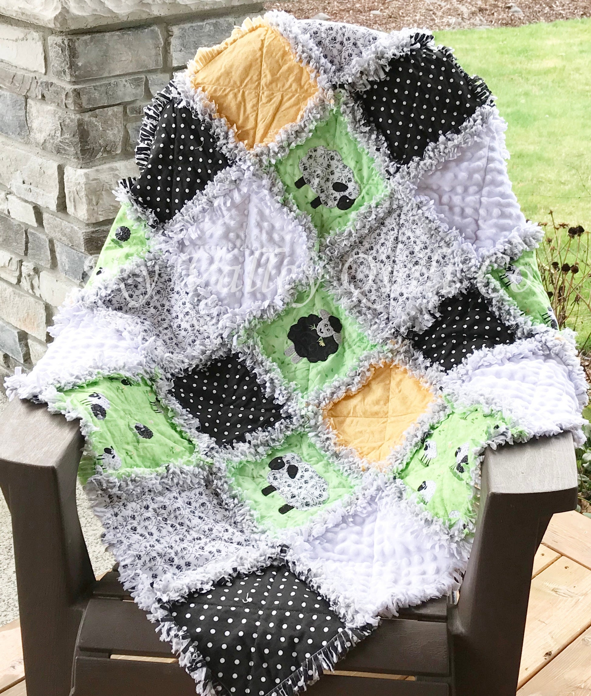 Finished and ready to ship Baby Rag quilt - Gender neutral little lambs sheep lime green, yellow black and gray