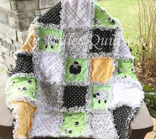 Finished and ready to ship Baby Rag quilt - Gender neutral little lambs sheep lime green, yellow black and gray