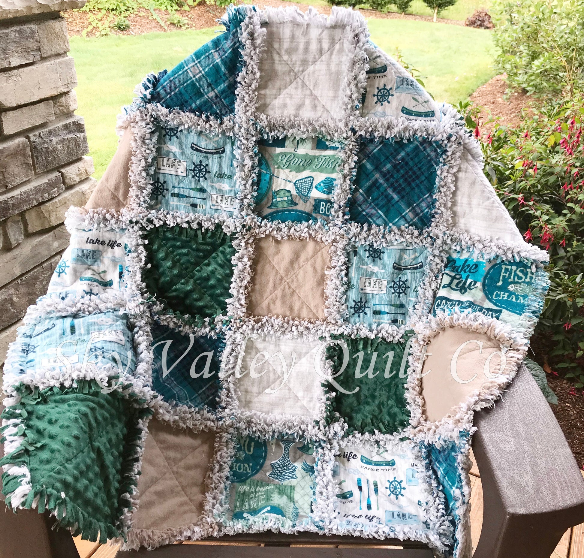 Finished rag quilt - Lake Fishing in Teal, gray and green