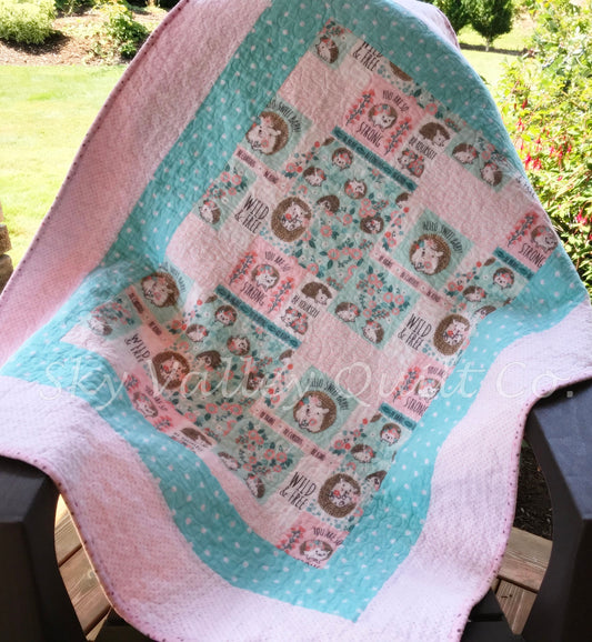 Finished and ready to ship Baby Quilt -hedgehog in pink and aqua flannel