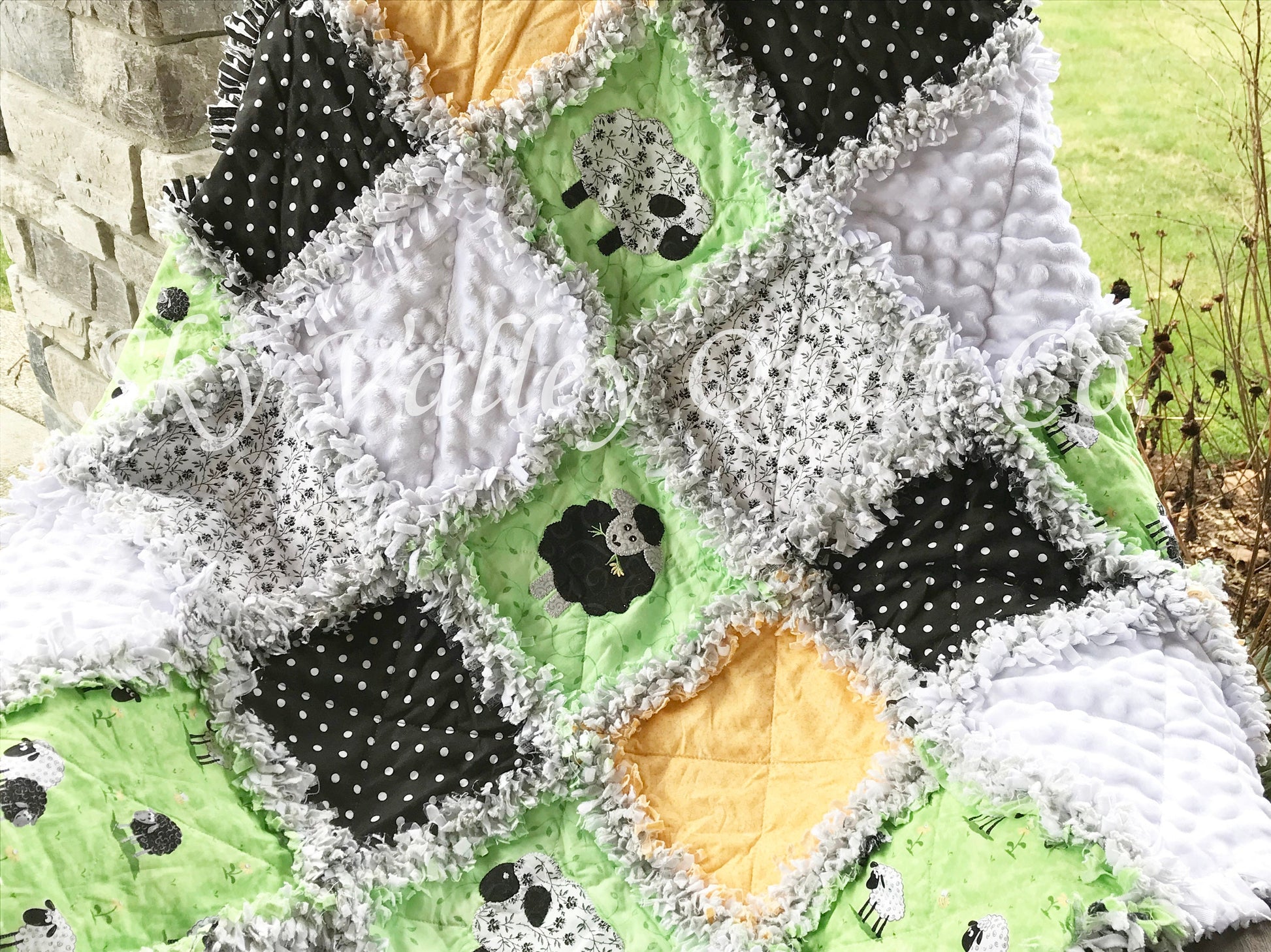 Finished and ready to ship Baby Rag quilt - Gender neutral little lambs sheep lime green, yellow black and gray