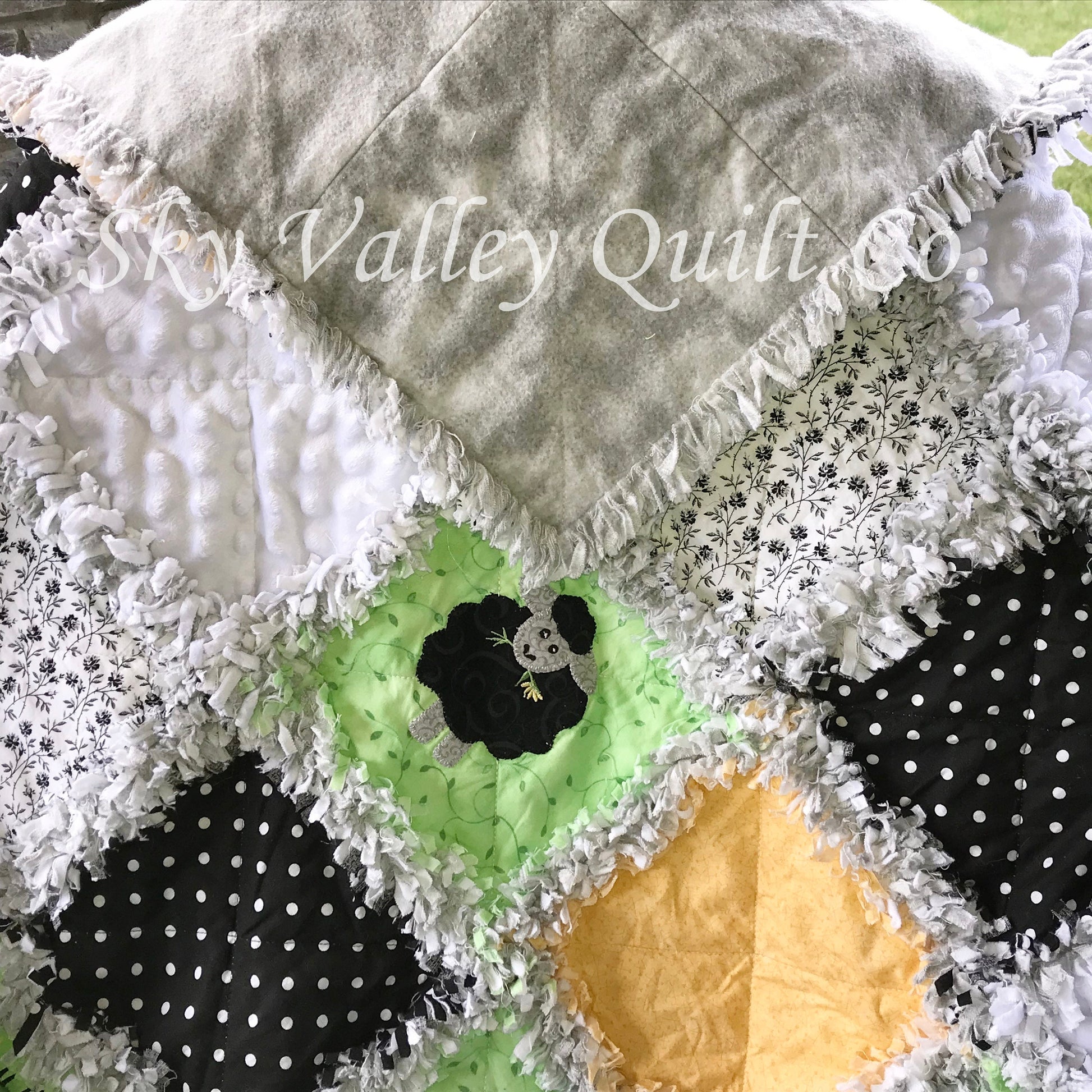 Finished and ready to ship Baby Rag quilt - Gender neutral little lambs sheep lime green, yellow black and gray