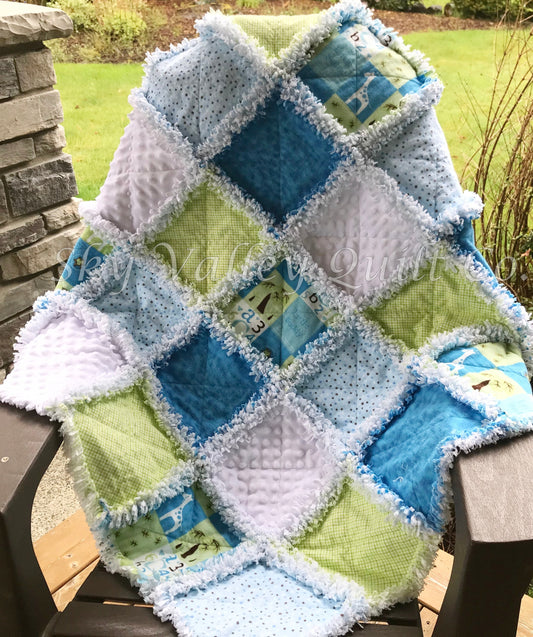 Ready to ship finished baby boy rag quilt ~ Little Buddy ~ Blue green and turquoise white minky