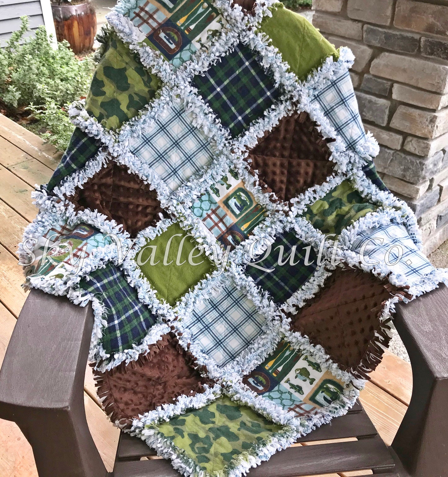 Pre Cut Rag quilt KIT ~ Gone Fishing in Brown, Camo, Navy and green