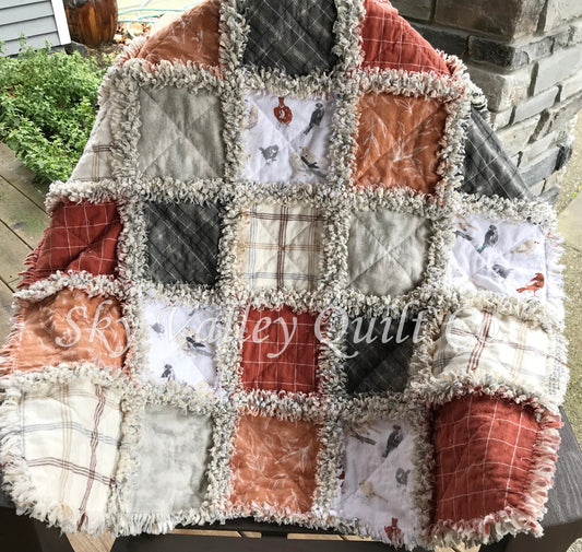 Pre Cut Rag Quilt KIT - Sweater Weather, rust, white, gray and cream flannels~ birds chickadee, restocked new fabrics!