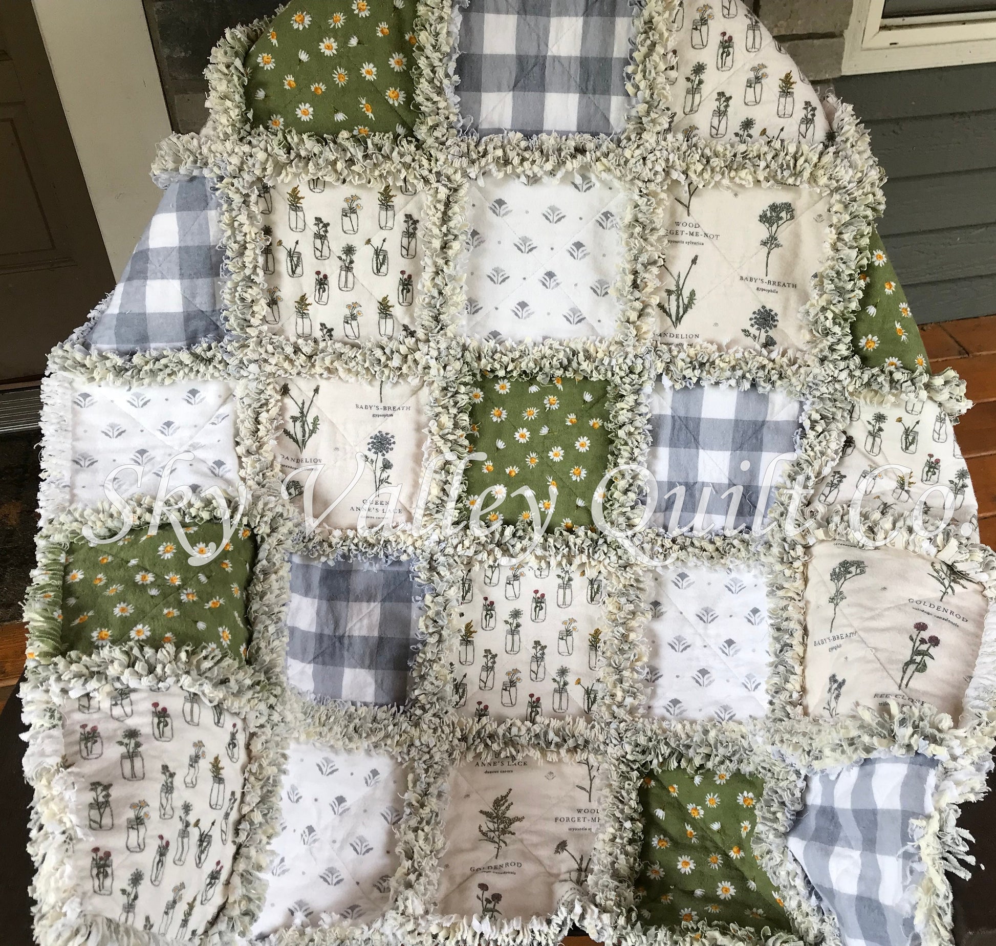 Pre Cut Rag Quilt KIT - Isabel's Garden~ daisy and floral, green, cream, gray gingham and white, farmhouse